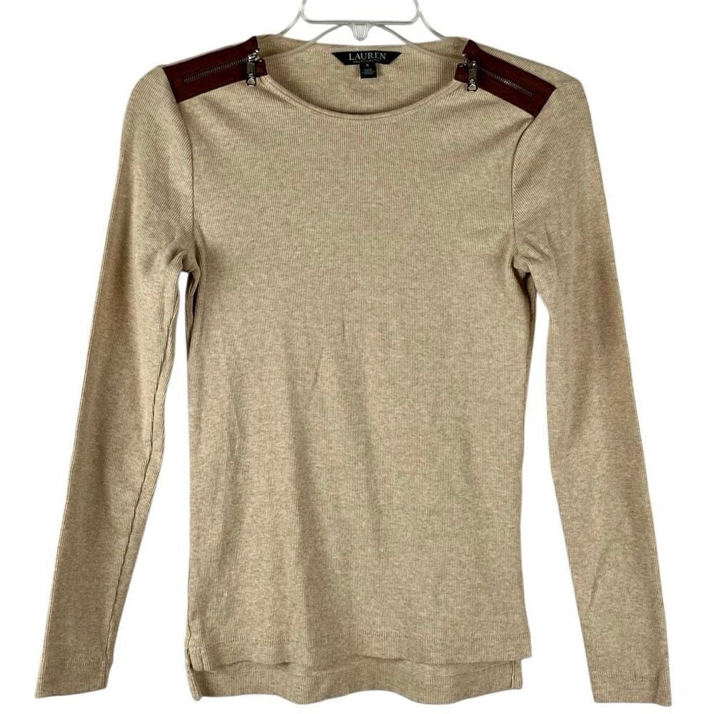 Lauren Ralph Lauren Rib Knit Shoulder Zipper Beige Sweater Small